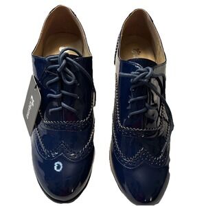 Odema Blue Patent Leather Wingtip Shoes Sz 8 Lace Up Dress Heels Preppy Clueless